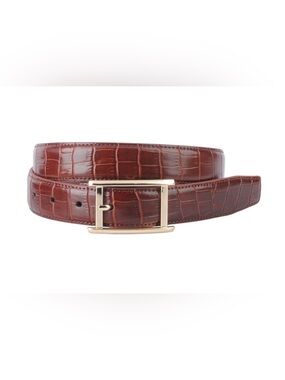 NWT MOST WANTED LEATHER STITCHED CROCO BELT BROWN W/ CLASSIC GOLD BUCKLE LARGE